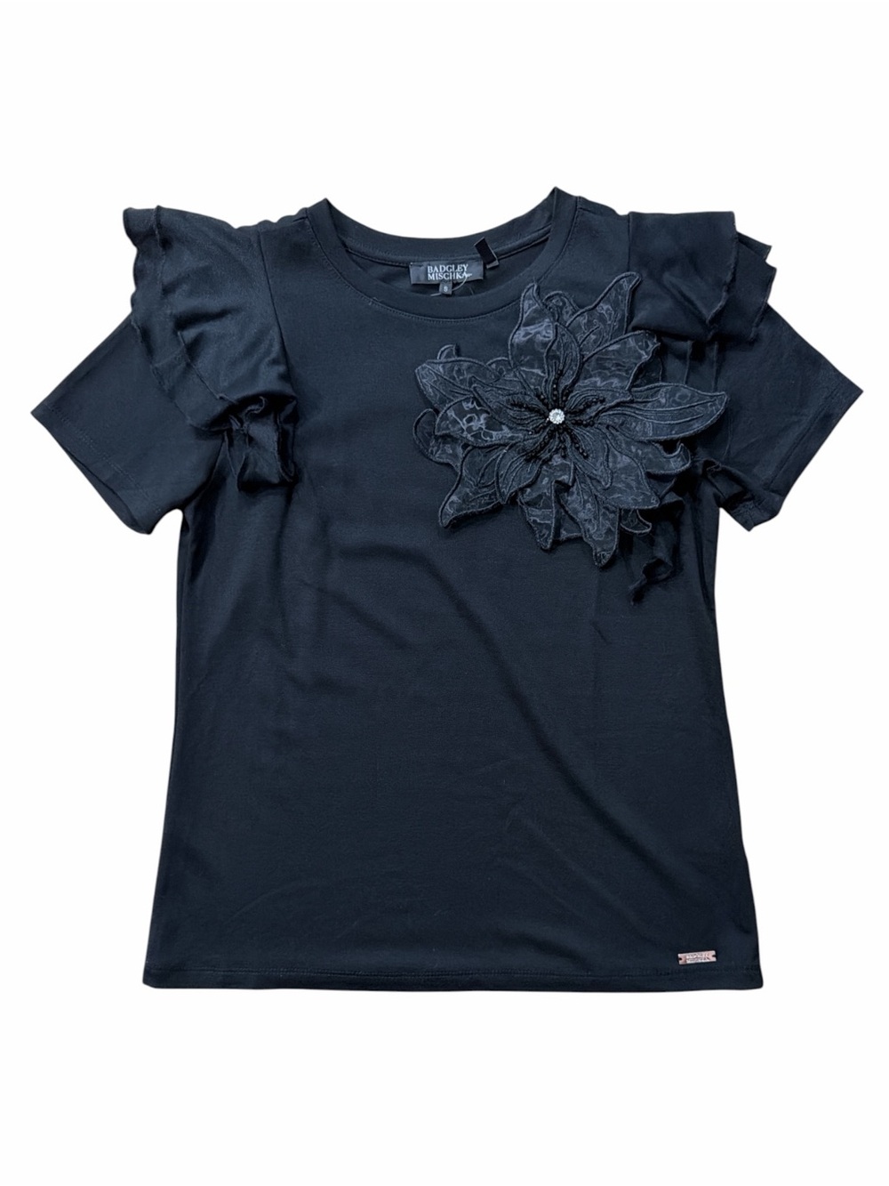 Badgley Mischka Black Floral Applique Short Sleeve Tee